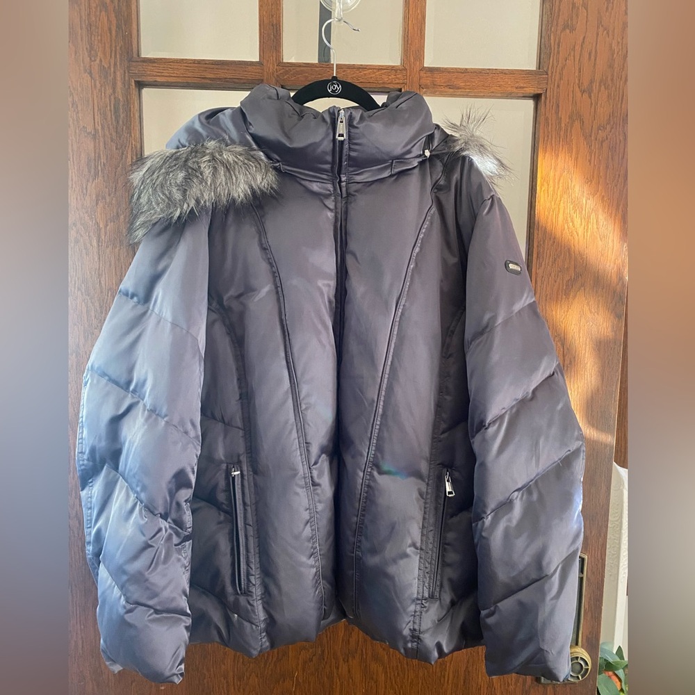 Calvin Klein Down Gray Puffer Jacket with Faux Fur Trim EUC